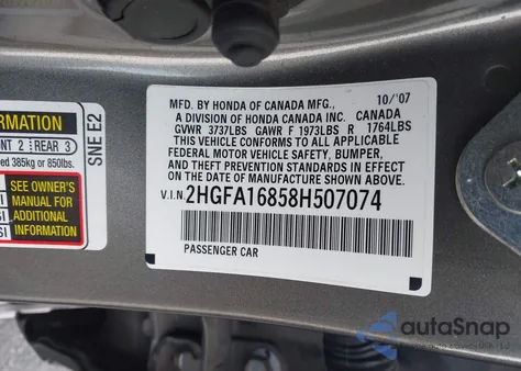 2008 Honda Civic Ex z USA, uszkodzony, nr VIN 2HGFA16858H507074